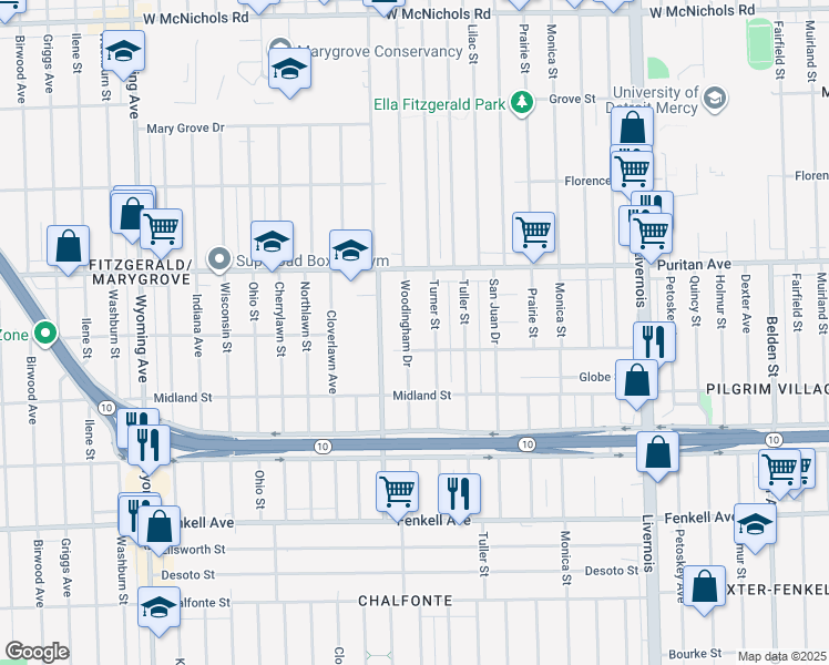 map of restaurants, bars, coffee shops, grocery stores, and more near 15830 Woodingham Drive in Detroit