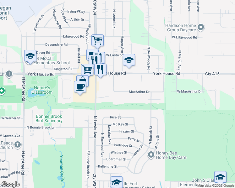 map of restaurants, bars, coffee shops, grocery stores, and more near 1619 Macarthur Drive in Waukegan