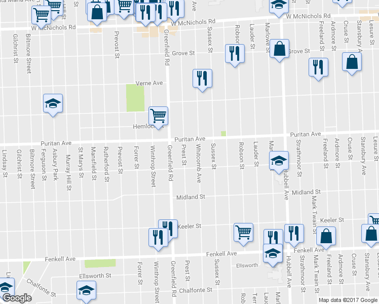map of restaurants, bars, coffee shops, grocery stores, and more near 15866 Prest St in Detroit