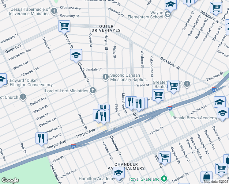 map of restaurants, bars, coffee shops, grocery stores, and more near 9247 Philip St in Detroit