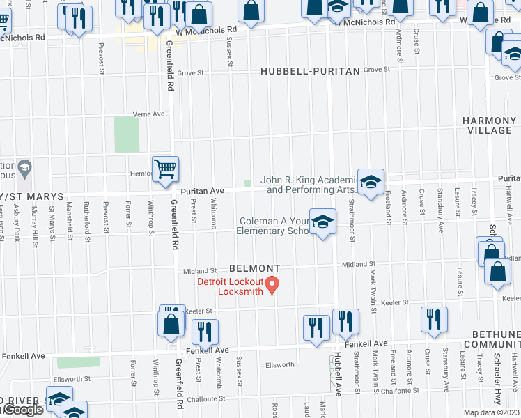 map of restaurants, bars, coffee shops, grocery stores, and more near 15860 Coyle Street in Detroit