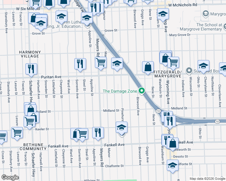 map of restaurants, bars, coffee shops, grocery stores, and more near 15821 Monte Vista Street in Detroit