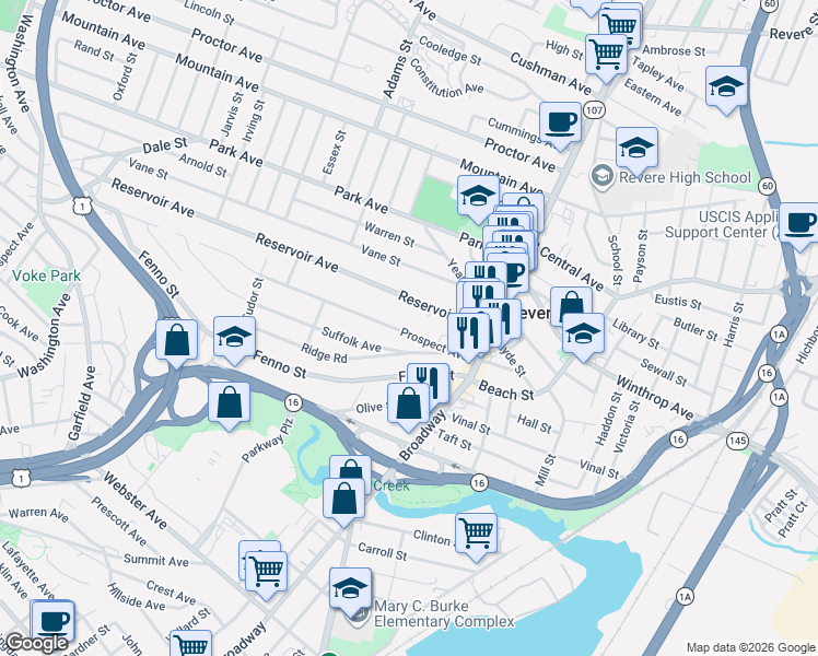 map of restaurants, bars, coffee shops, grocery stores, and more near 93 Prospect Avenue in Revere