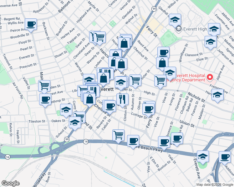 map of restaurants, bars, coffee shops, grocery stores, and more near 48 Argyle Street in Everett