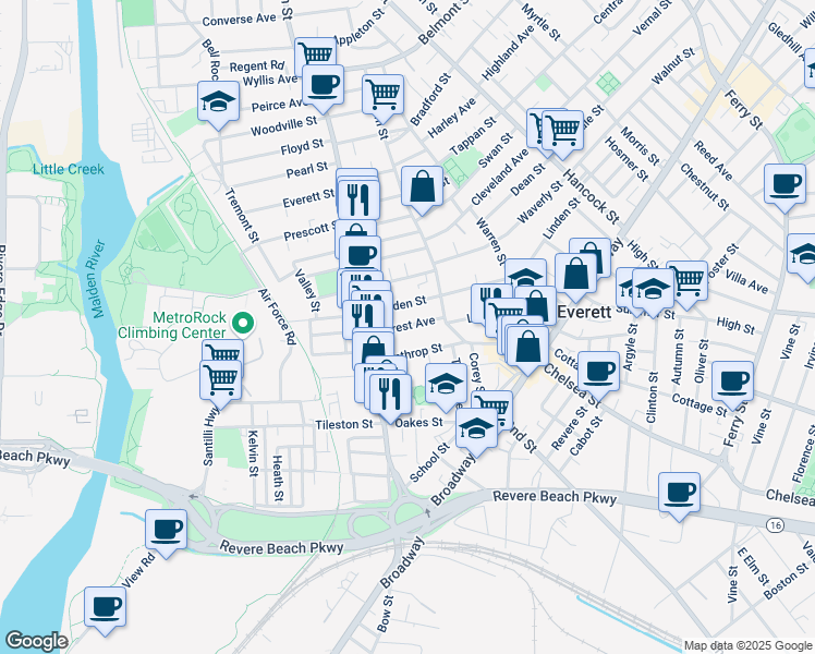 map of restaurants, bars, coffee shops, grocery stores, and more near 26 Forest Avenue in Everett