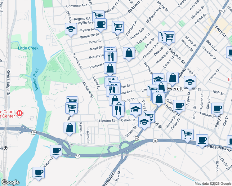 map of restaurants, bars, coffee shops, grocery stores, and more near in Everett