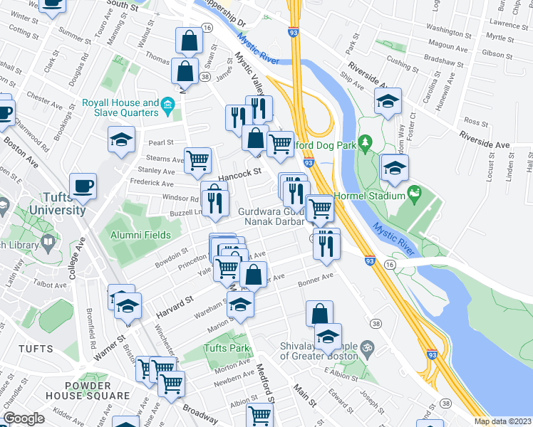 map of restaurants, bars, coffee shops, grocery stores, and more near 71 Billings Avenue in Medford