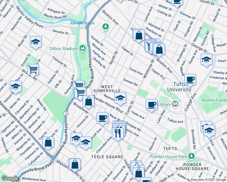 map of restaurants, bars, coffee shops, grocery stores, and more near 54 Curtis Avenue in Somerville