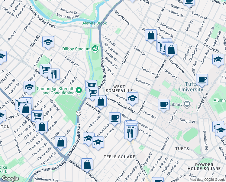 map of restaurants, bars, coffee shops, grocery stores, and more near 66 North Street in Somerville