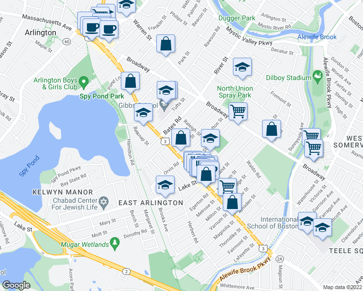 map of restaurants, bars, coffee shops, grocery stores, and more near 21 Everett Street in Arlington