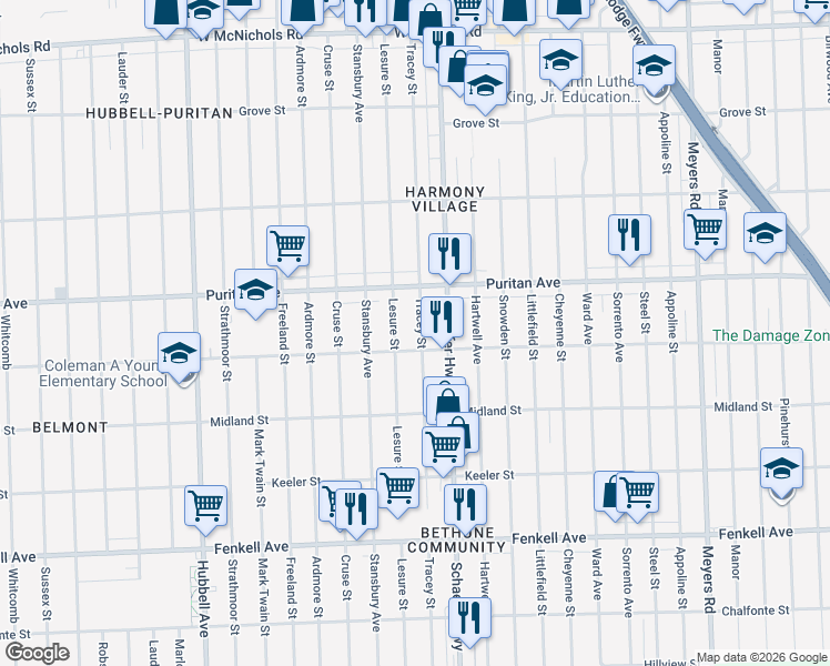 map of restaurants, bars, coffee shops, grocery stores, and more near 15832 Lesure Street in Detroit