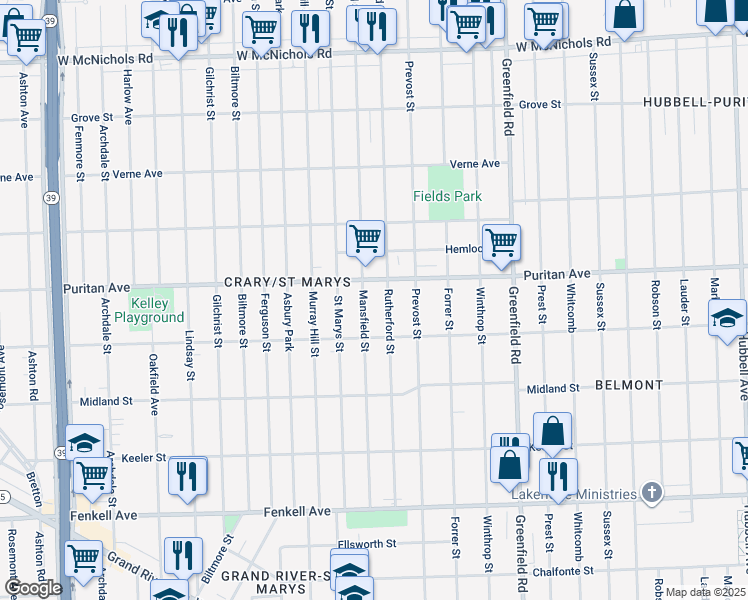 map of restaurants, bars, coffee shops, grocery stores, and more near 15884 Mansfield Street in Detroit
