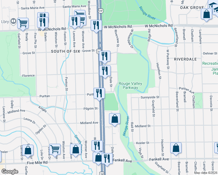 map of restaurants, bars, coffee shops, grocery stores, and more near 16131 Dale Street in Detroit