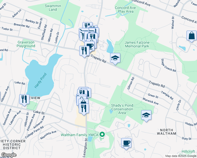 map of restaurants, bars, coffee shops, grocery stores, and more near 35 Jacqueline Road in Waltham