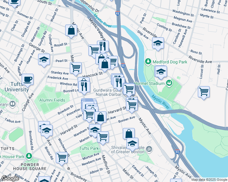 map of restaurants, bars, coffee shops, grocery stores, and more near 100 Bowen Avenue in Medford