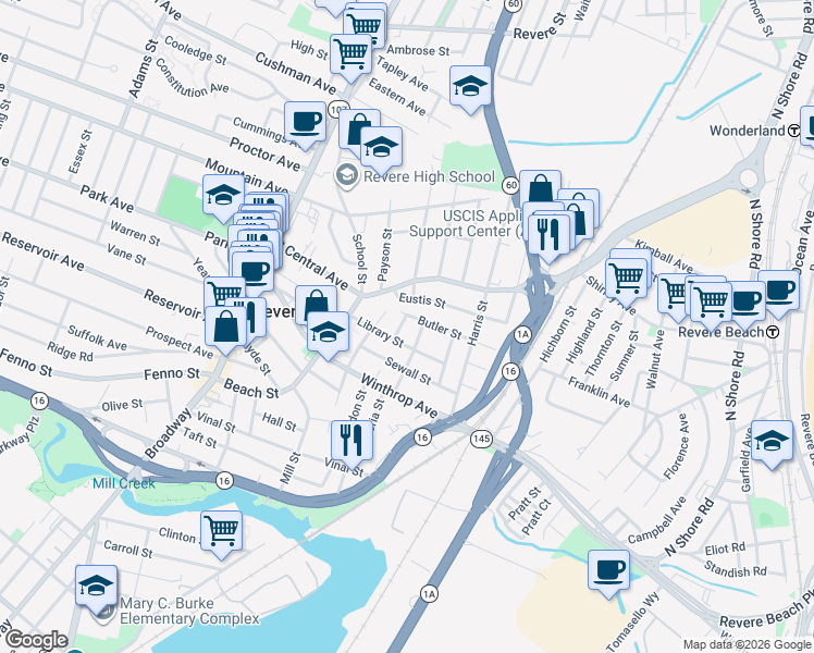 map of restaurants, bars, coffee shops, grocery stores, and more near 17 Norman Street in Revere