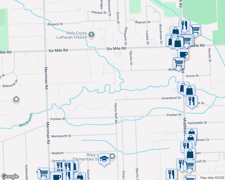 map of restaurants, bars, coffee shops, grocery stores, and more near 16561 Henry Ruff Road in Livonia