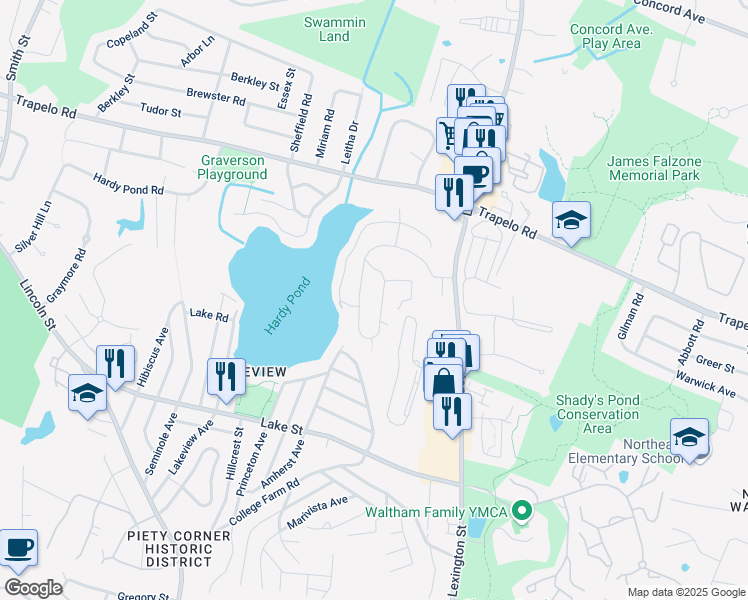 map of restaurants, bars, coffee shops, grocery stores, and more near 4815 Stearns Hill Road in Waltham
