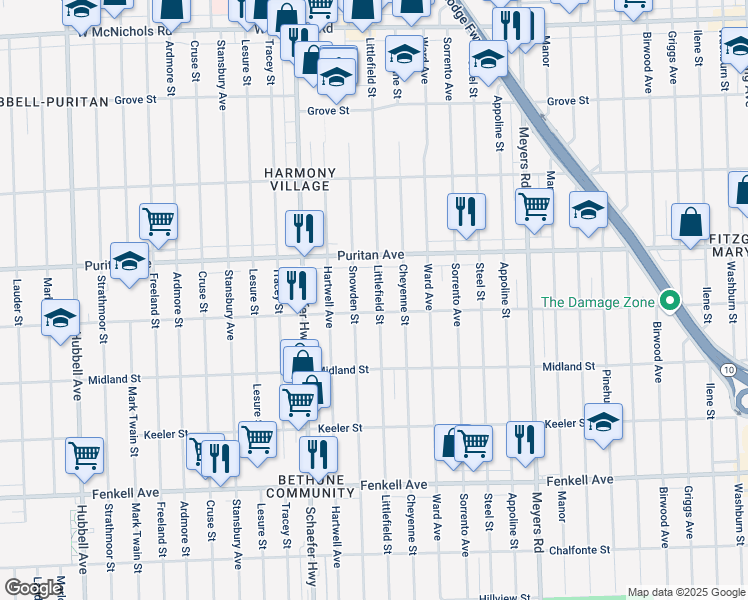 map of restaurants, bars, coffee shops, grocery stores, and more near 15825 Littlefield St in Detroit
