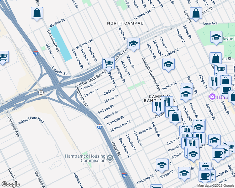 map of restaurants, bars, coffee shops, grocery stores, and more near 2127 Meade Street in Hamtramck