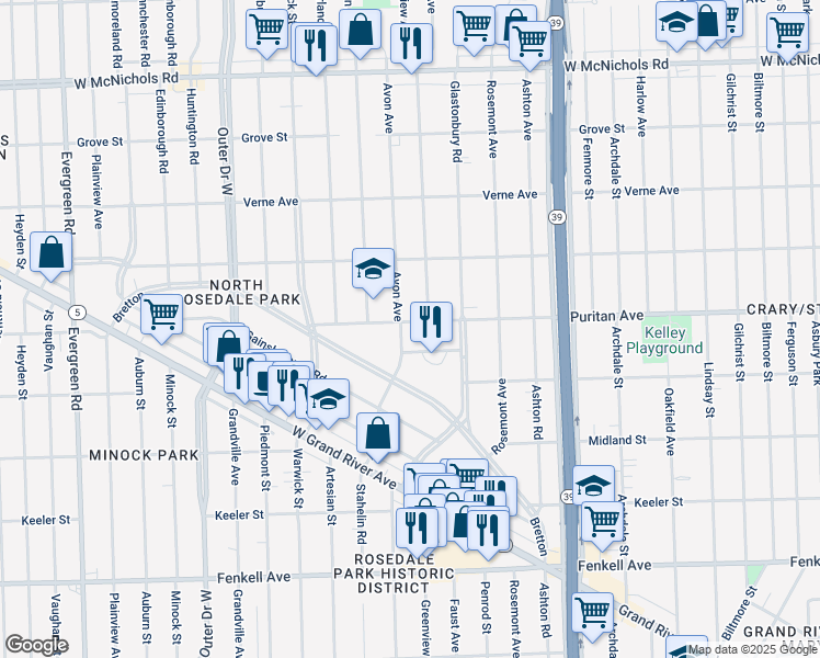 map of restaurants, bars, coffee shops, grocery stores, and more near 18633 Puritan Avenue in Detroit