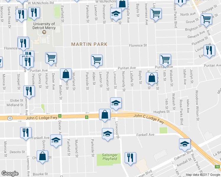 map of restaurants, bars, coffee shops, grocery stores, and more near 15804 Princeton Street in Detroit