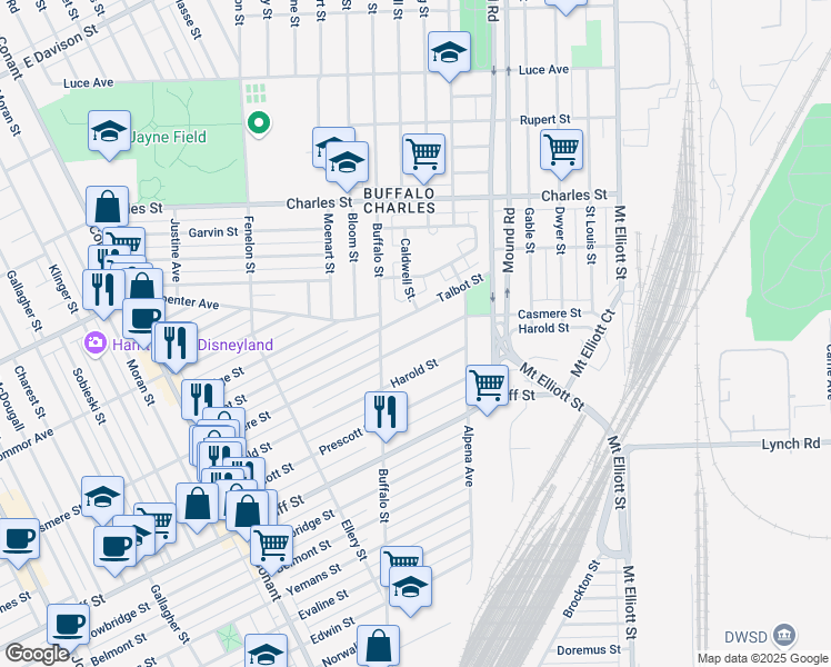 map of restaurants, bars, coffee shops, grocery stores, and more near 5575 Casmere Street in Hamtramck
