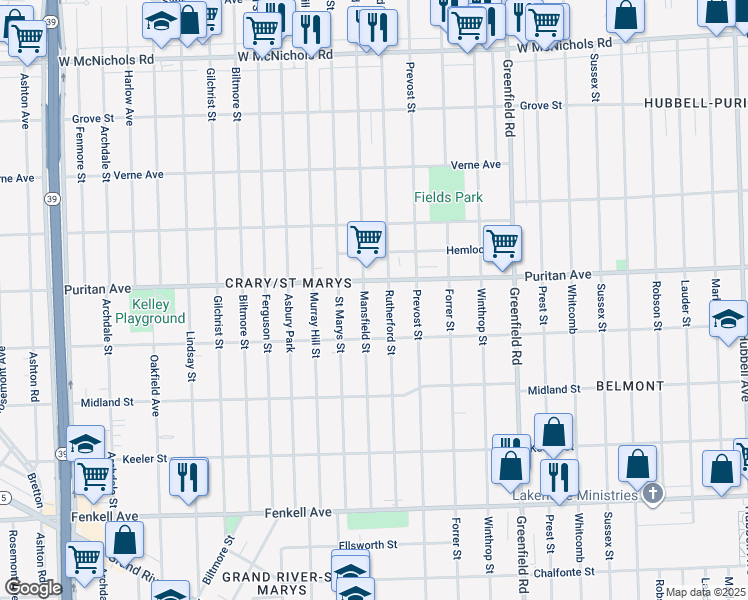 map of restaurants, bars, coffee shops, grocery stores, and more near 15884 Mansfield Street in Detroit