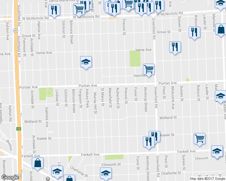 map of restaurants, bars, coffee shops, grocery stores, and more near 15884 Mansfield Street in Detroit