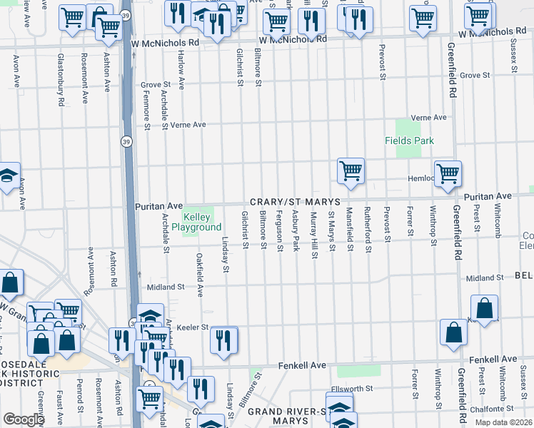 map of restaurants, bars, coffee shops, grocery stores, and more near 15889 Biltmore Street in Detroit