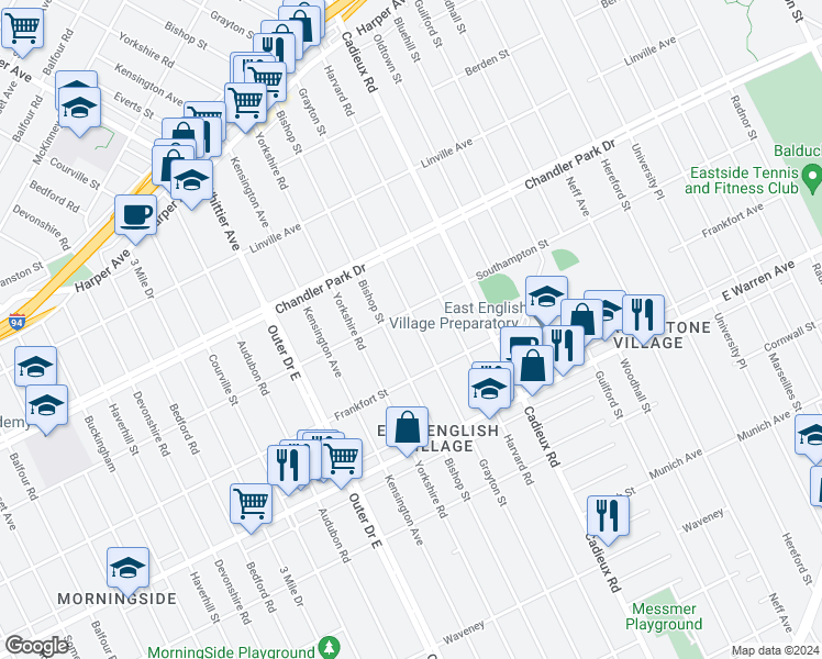 map of restaurants, bars, coffee shops, grocery stores, and more near 5291 Grayton Street in Detroit