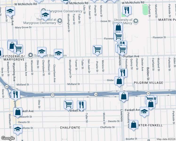 map of restaurants, bars, coffee shops, grocery stores, and more near 15831 San Juan Drive in Detroit