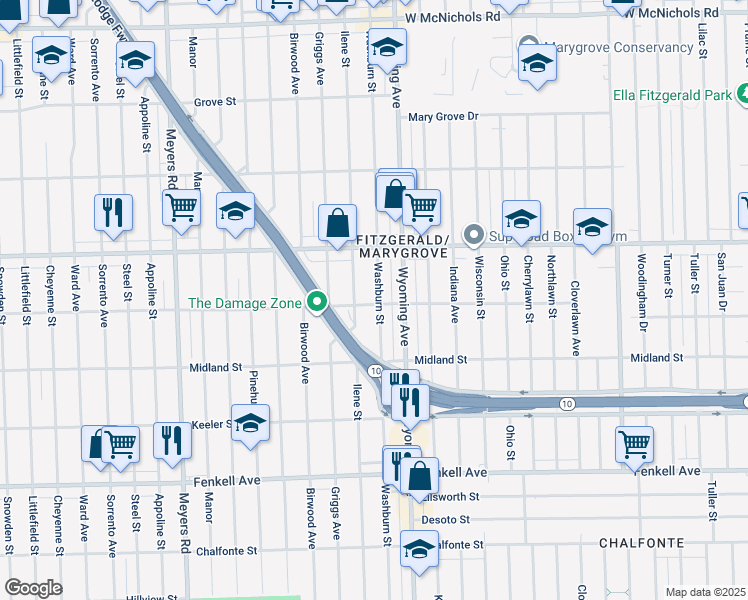 map of restaurants, bars, coffee shops, grocery stores, and more near 15801 Washburn Street in Detroit