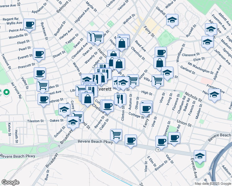 map of restaurants, bars, coffee shops, grocery stores, and more near 48 Argyle Street in Everett
