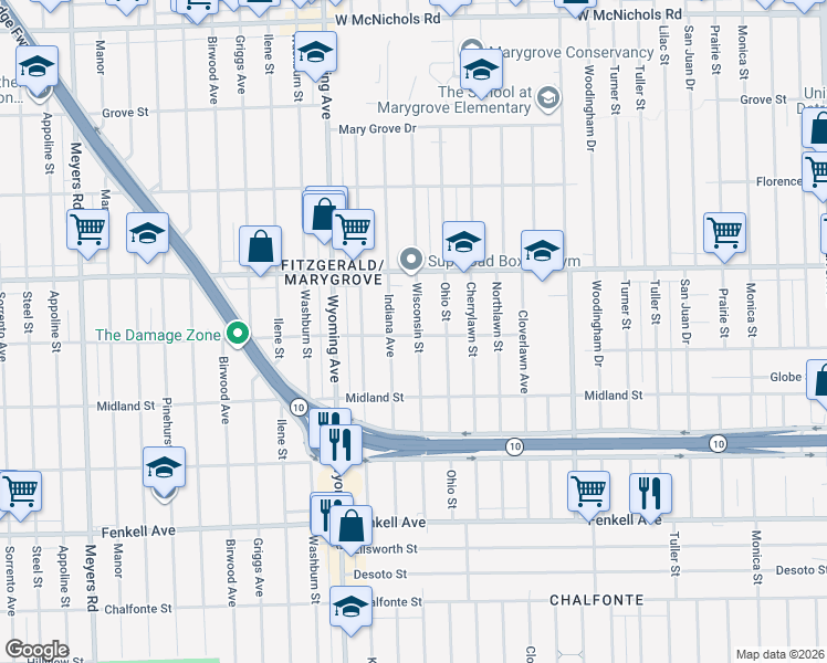 map of restaurants, bars, coffee shops, grocery stores, and more near 15803 Wisconsin Street in Detroit