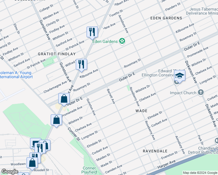 map of restaurants, bars, coffee shops, grocery stores, and more near 8350 Outer Drive East in Detroit