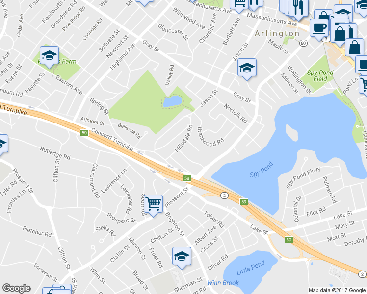map of restaurants, bars, coffee shops, grocery stores, and more near 56 Hillsdale Road in Arlington