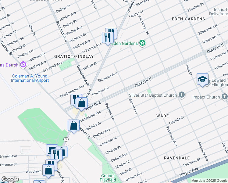 map of restaurants, bars, coffee shops, grocery stores, and more near 8253 Outer Drive East in Detroit