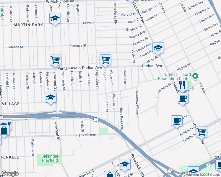 map of restaurants, bars, coffee shops, grocery stores, and more near 15727 Wabash Street in Detroit