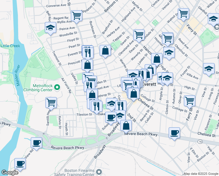 map of restaurants, bars, coffee shops, grocery stores, and more near 55 Forest Avenue in Everett