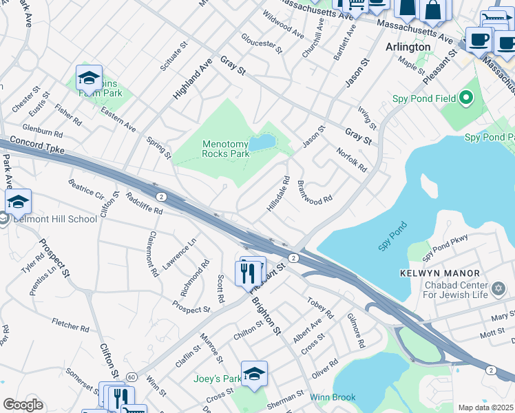 map of restaurants, bars, coffee shops, grocery stores, and more near 40 Pleasant View Road in Arlington