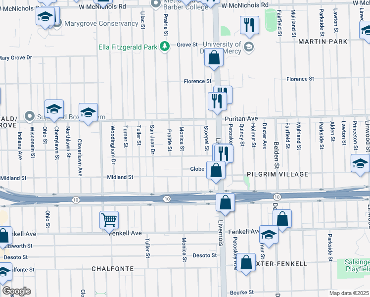 map of restaurants, bars, coffee shops, grocery stores, and more near 15828 Monica Street in Detroit