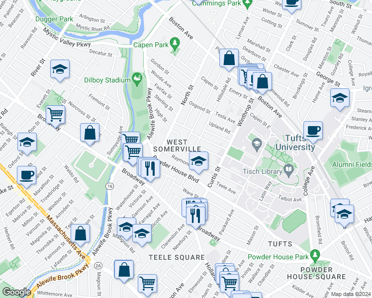 map of restaurants, bars, coffee shops, grocery stores, and more near 67 Conwell Avenue in Somerville