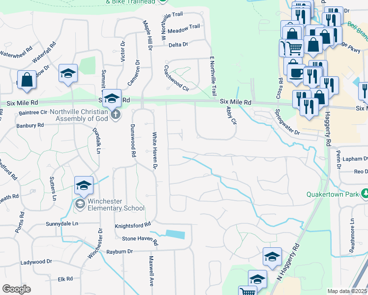 map of restaurants, bars, coffee shops, grocery stores, and more near 39844 Muirfield Lane in Northville