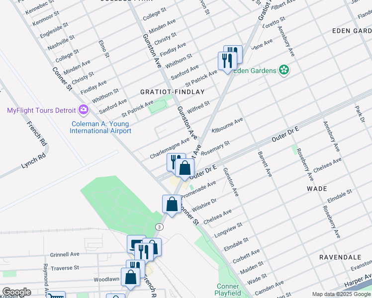 map of restaurants, bars, coffee shops, grocery stores, and more near 11183 Rosemary Street in Detroit