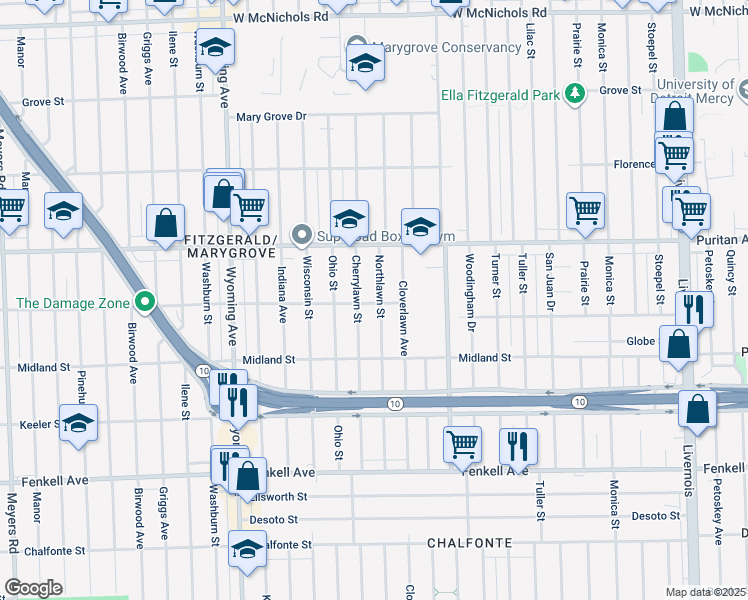 map of restaurants, bars, coffee shops, grocery stores, and more near 15803 Northlawn Street in Detroit