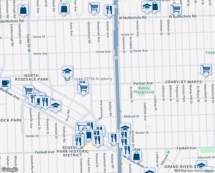 map of restaurants, bars, coffee shops, grocery stores, and more near 15955 Ashton Road in Detroit