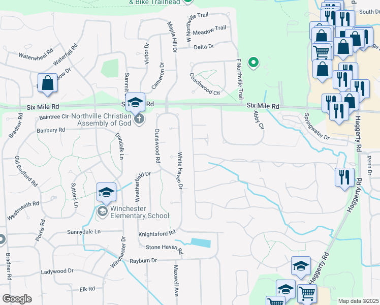 map of restaurants, bars, coffee shops, grocery stores, and more near 16819 Country Knoll Drive in Northville