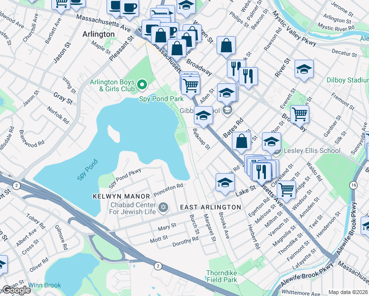 map of restaurants, bars, coffee shops, grocery stores, and more near 34 Hamilton Road in Arlington