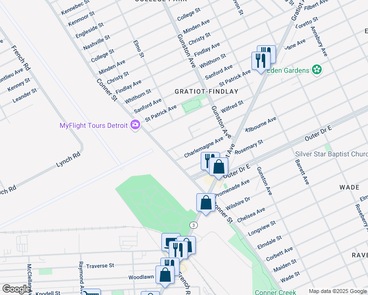 map of restaurants, bars, coffee shops, grocery stores, and more near 11070 Glenfield Avenue in Detroit